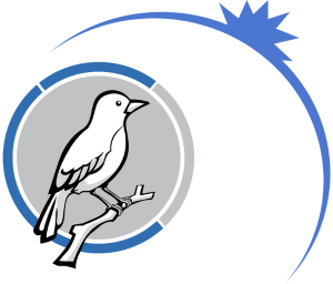 Logo featuring a bird perched on a branch with a circular design
