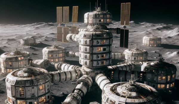 Futuristic lunar base with multiple interconnected modules and solar panels on the Moon's surface.